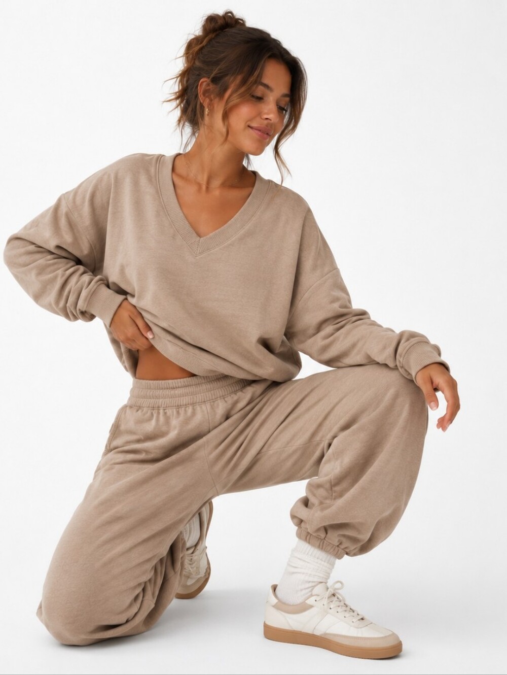 Aerie ($150) NWT Beige Oversized V-Neck Sweatshirt & Jogger Please Read Desc